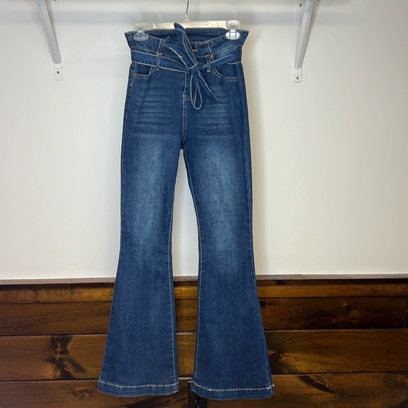 Amazon Denim - Amazon Women's High-Waist Paperbag Flare Jeans - Dark Blue
